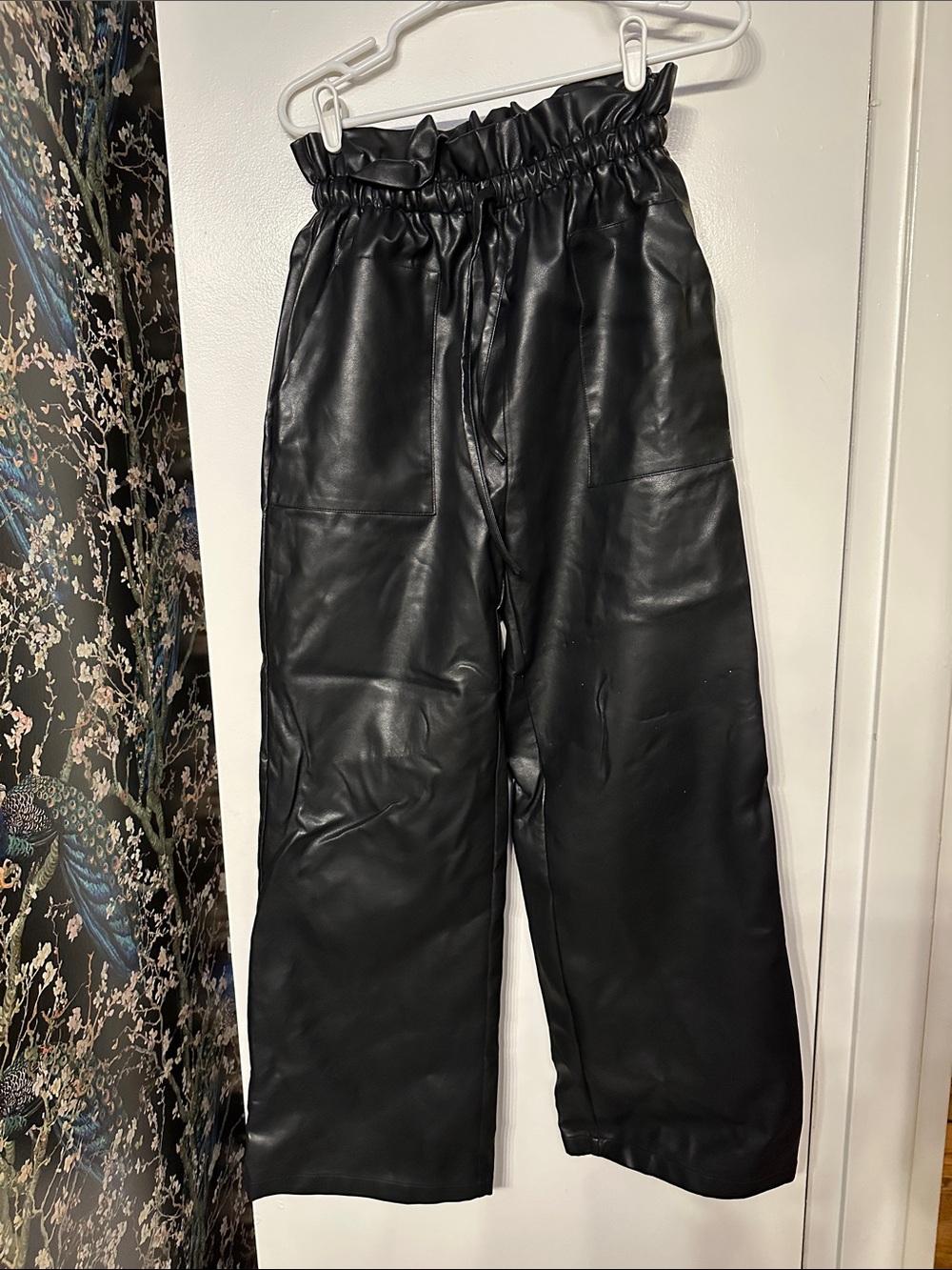 Gracia Black Faux Leather Paperbag Waist Wide-Leg Pants